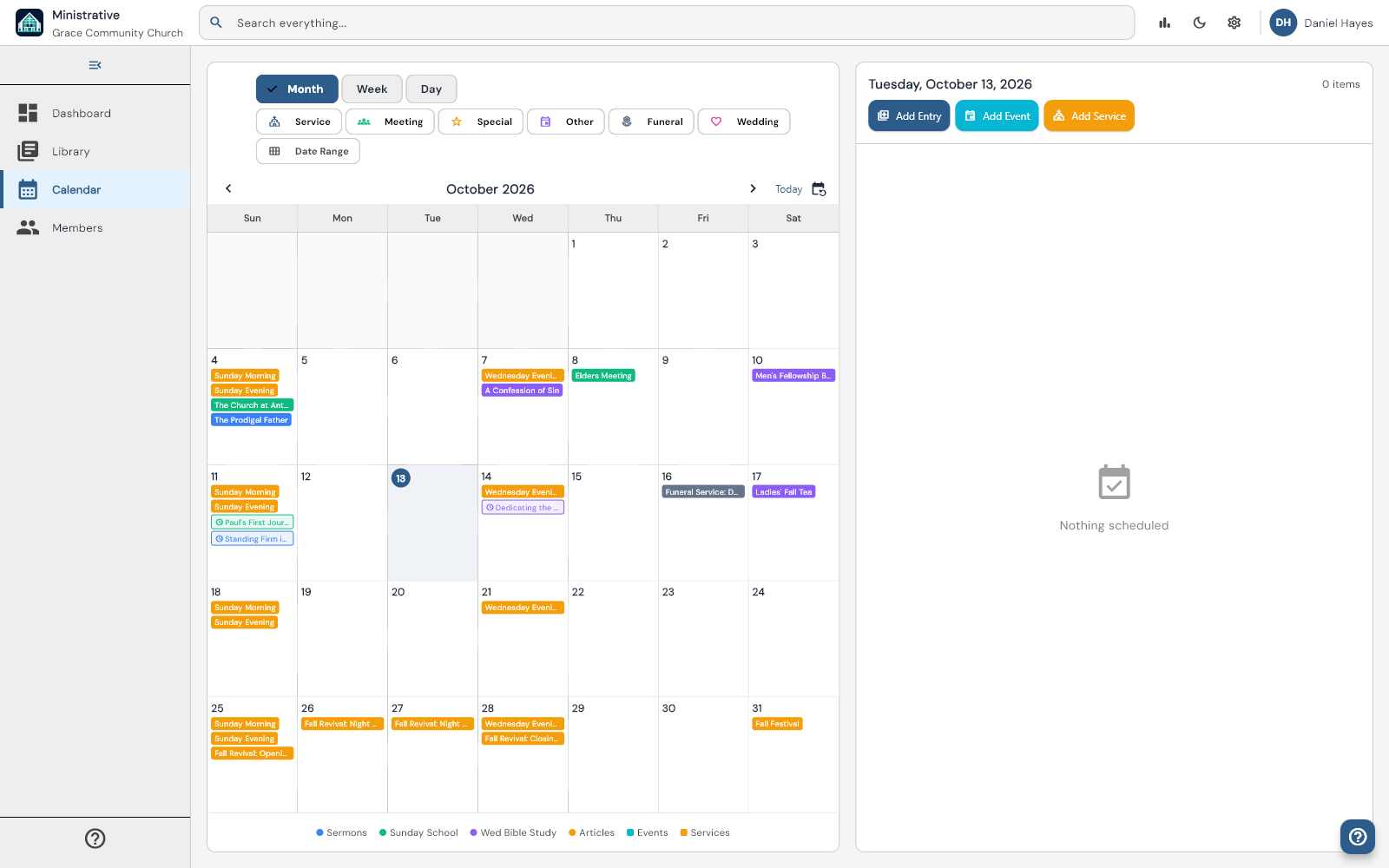 The Ministrative calendar for October, with Sunday and Wednesday services, the lessons planned for them, and the month’s meetings and events.